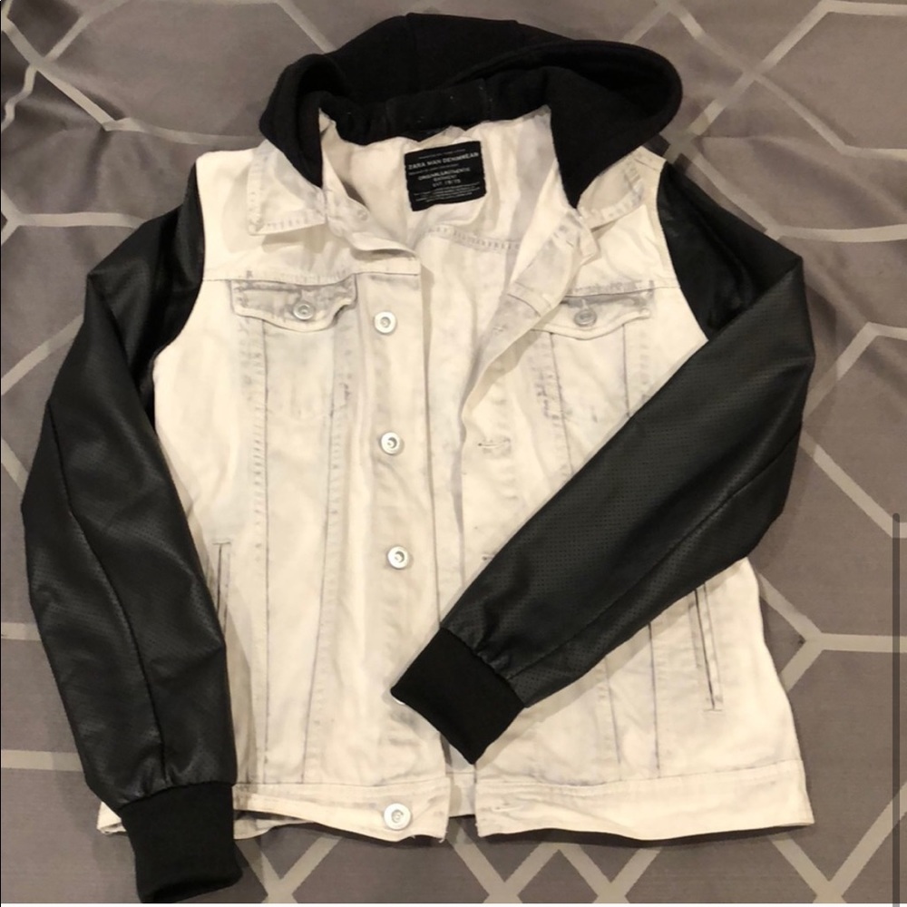 Zara Denim jacket with hood and “leather” sleeve